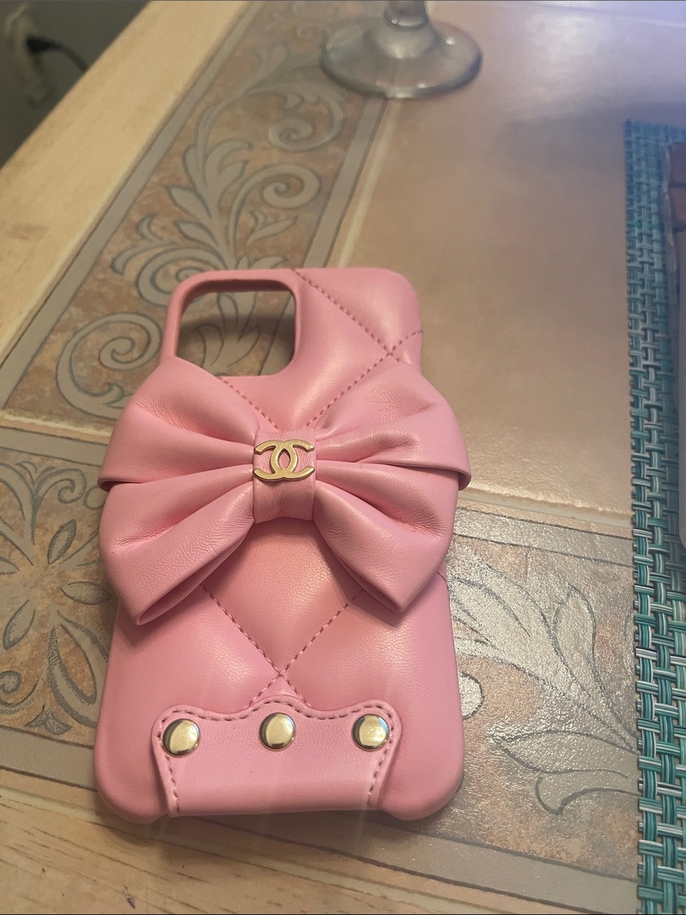 CHANEL Pink Quilted Bow Phone Case with Gold CC fo the iPhone 12 Pro Max